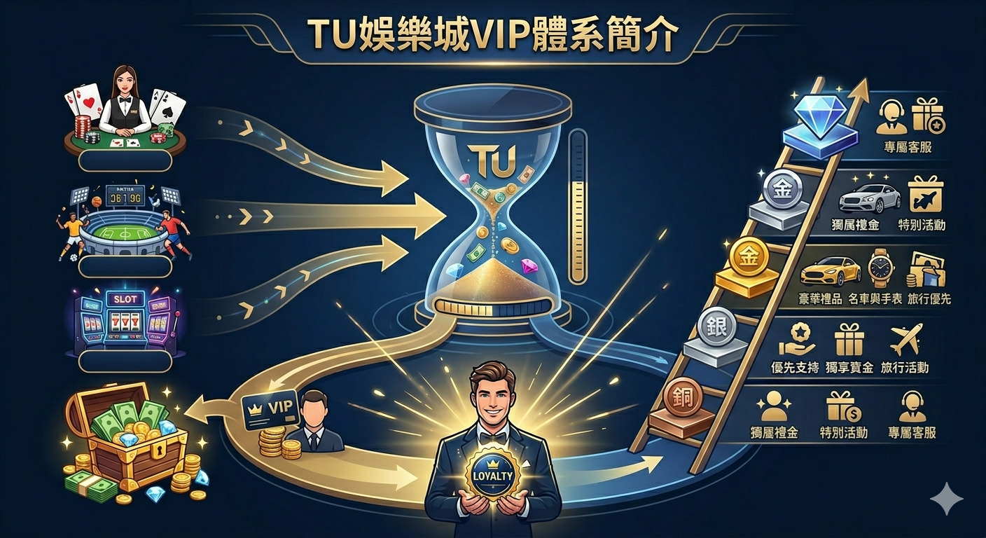 這張圖片呈現了「TU娛樂城VIP體系簡介」的主題，透過圖解展示了從各類遊戲投注累積積分、轉化為VIP晉升階梯的完整機制。 畫面左側整合了真人、體育與電子遊戲的投注行為，右側則以階梯式結構展示了各級別會員能獲得的尊榮回饋與豪華禮遇。 整體設計強調了忠誠回饋的核心價值，將玩家的投注轉化為實質的現金獎勵與專屬服務體驗。