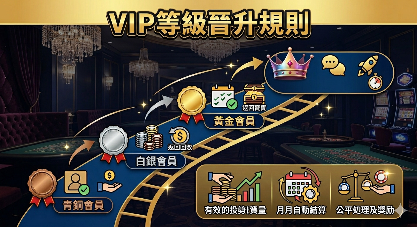 這張圖片展示了「VIP等級晉升規則」的視覺化流程，以奢華賭場為背景呈現四個會員等級的進階路徑。 設計強調了從青銅到王者的晉升機制，並透過圖示突顯各項權益與結算說明。 整體風格專業且具備條理，旨在讓玩家直觀理解TU娛樂城評價系統中的有效投注量與獎勵機制。
