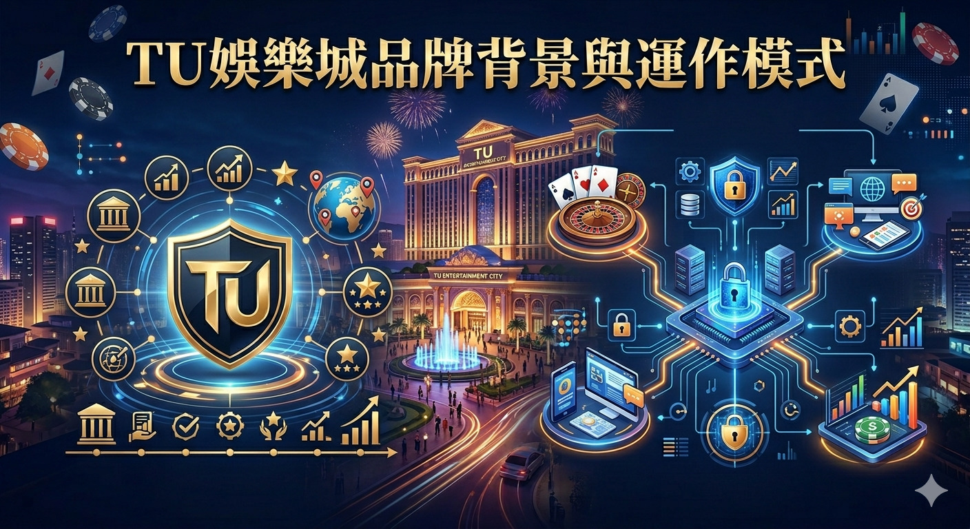 這是一張以「TU娛樂城品牌背景與運作模式」為主題的形象圖。 圖中展示了品牌標誌、科技化運作流程及高端娛樂城的場景，象徵其專業與安全性。