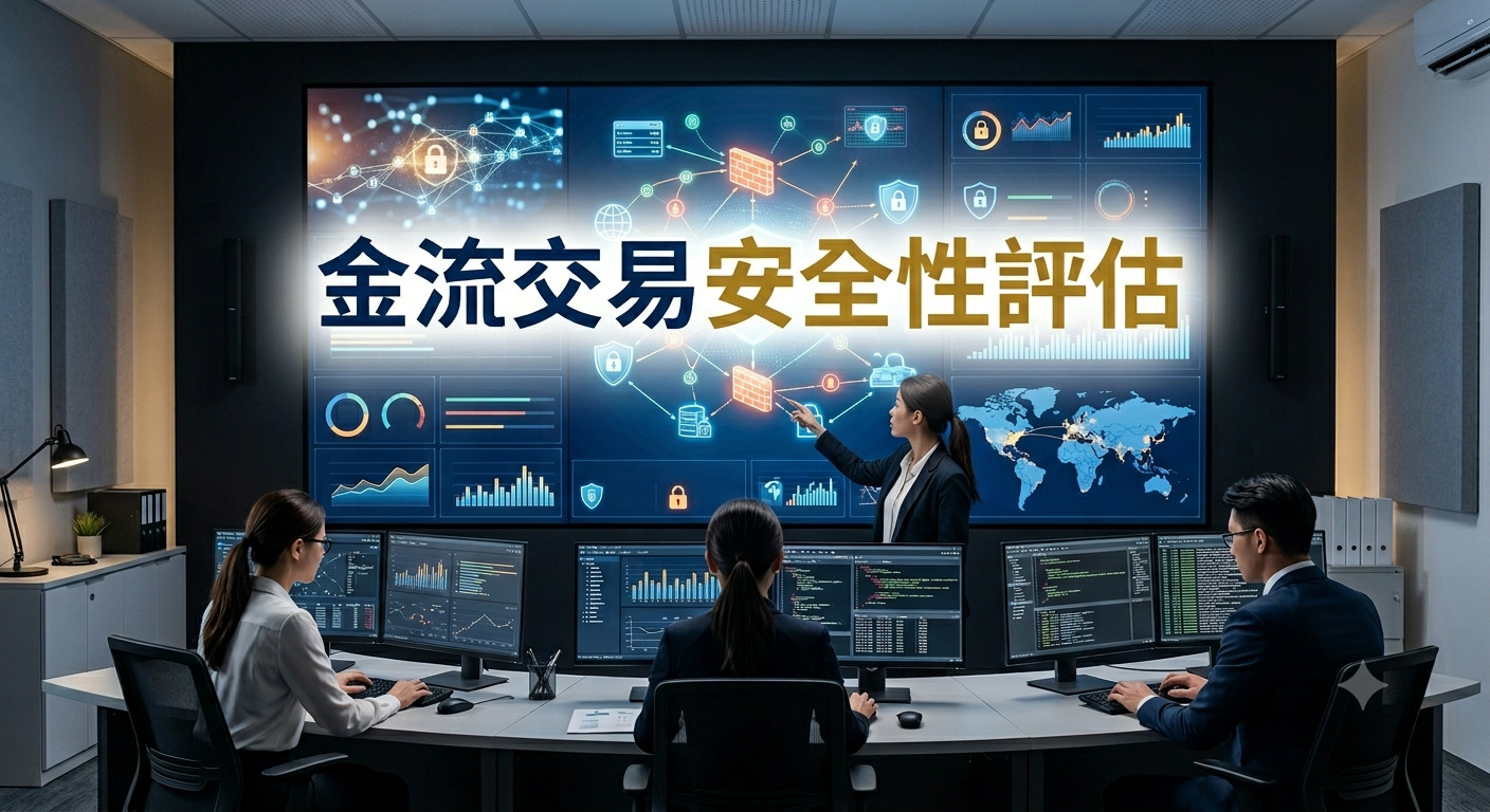 這張圖片展示了一個專業的監控中心，團隊正專注於分析與評估金流交易的安全性。 大螢幕上顯示著複雜的數據監控與網絡安全圖表，強調金融防護與風險管控的重要性。